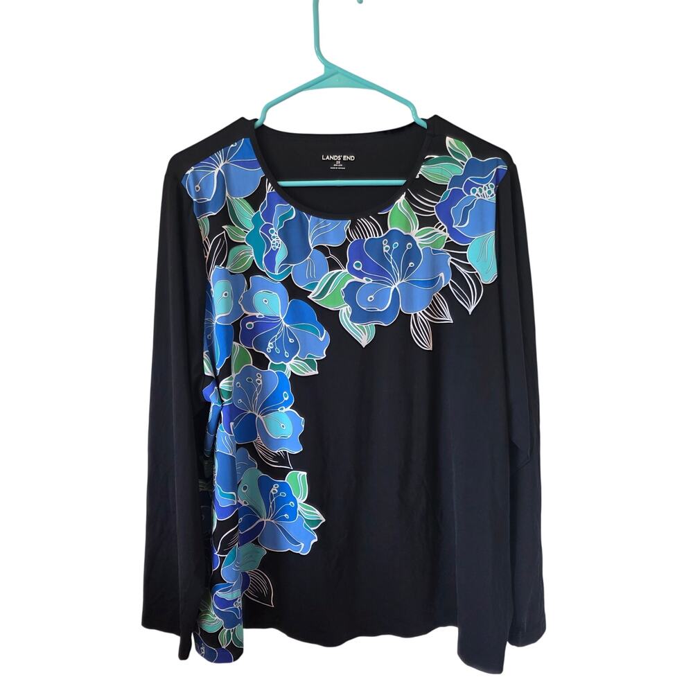 Lands End Womens  Floral Print Rash Guard Swim Top Plus Size 2X  Black